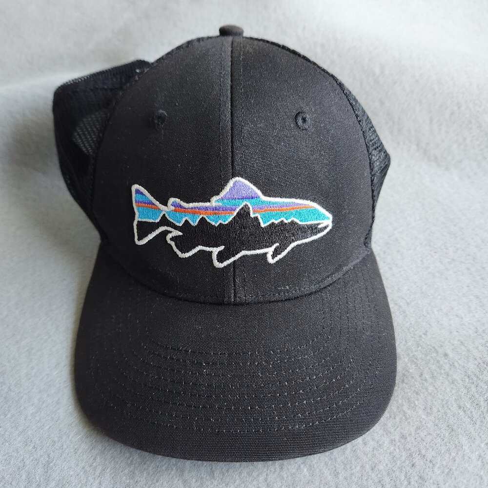 Patagonia Baseball Hat Trucker Cap Fish Trout Black Mesh Netplus Snapback